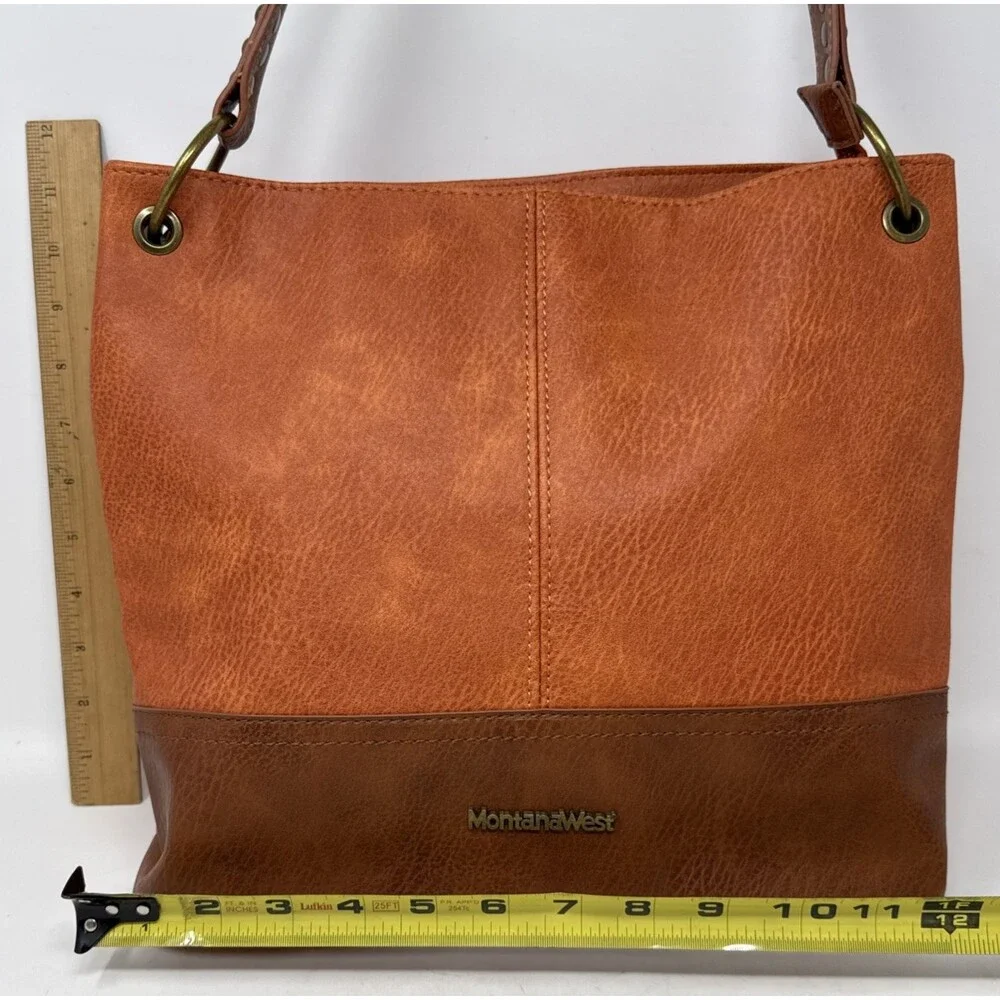 Montana West Hobo Tote Shoulder Bag Orange Brown Faux Leather Equestrian Lined
